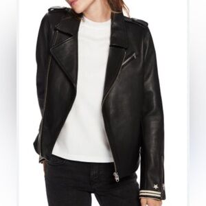 Scotch & Soda Embellished-Cuff Leather Biker Women's Black Leather Jacket